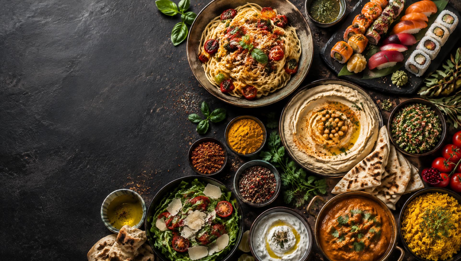 Internationale Gerichte mit italienischer Pasta, Sushi, Hummus und indischem Curry